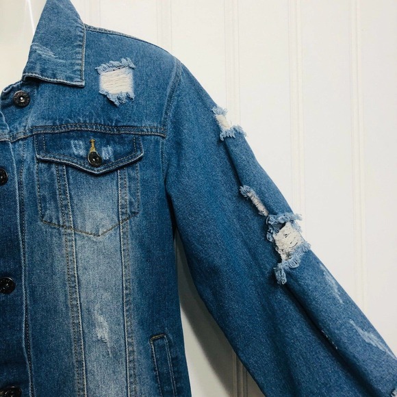 Boho Denim Jacket Graphic Distressed Size M - Picture 7 of 9